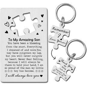 to My Husband Wallet Card, When I Say I Love You More Valentines Anniversary Love Note Metal Wallet Insert Gift for Him Boyfriend, Sentimental Long Distance Puzzle Piece Keychain Engraved Set PTK04