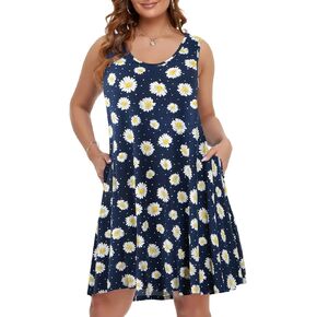 BELAROI Women Plus Size Sundress Summer Casual Sleeveless Tshirt Dress Paisley Print Scoop Neck Swing Tank Dresses with Pockets Beach Swimsuit Cover up(1X,Flower55)