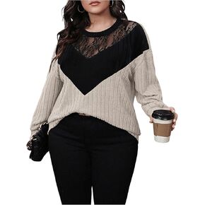 MakeMeChic Women's Plus Size Colorblock Round Neck Long Lantern Sleeve Lace Sheer Shirt Tee Tops