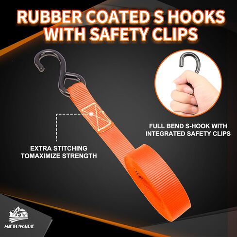 أشرطة السقاطة مربوطة لأسفل - قوة كسر 1764 رطل - 4 قطع من ربطات السقاطة مقاس 1 بوصة × 15 بوصة مع مقبض مبطن، وخطاف S مطلي، وحلقة ناعمة، وحقيبة تخزين لنقل البضائع، ومعدات العشب، والدراجة النارية (أسود) in Kuwait