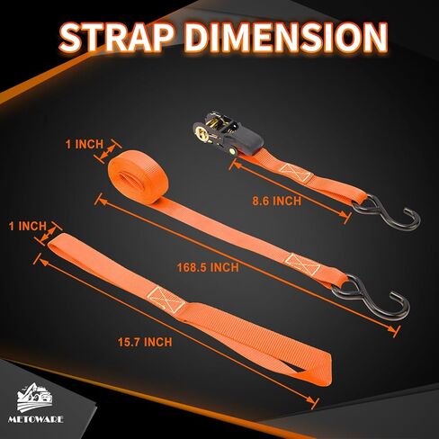 أشرطة السقاطة مربوطة لأسفل - قوة كسر 1764 رطل - 4 قطع من ربطات السقاطة مقاس 1 بوصة × 15 بوصة مع مقبض مبطن، وخطاف S مطلي، وحلقة ناعمة، وحقيبة تخزين لنقل البضائع، ومعدات العشب، والدراجة النارية (أسود) in Kuwait