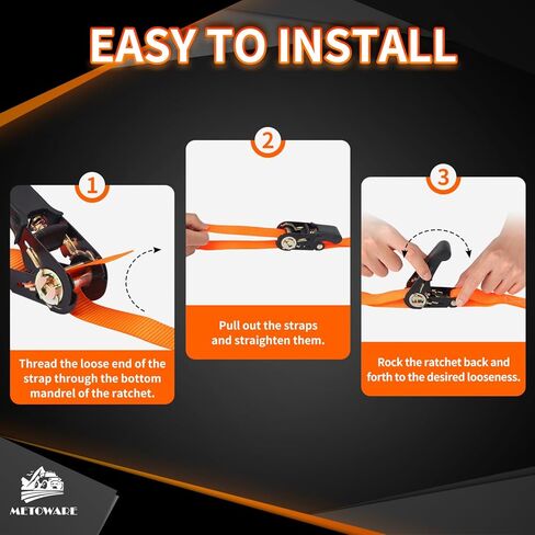 أشرطة السقاطة مربوطة لأسفل - قوة كسر 1764 رطل - 4 قطع من ربطات السقاطة مقاس 1 بوصة × 15 بوصة مع مقبض مبطن، وخطاف S مطلي، وحلقة ناعمة، وحقيبة تخزين لنقل البضائع، ومعدات العشب، والدراجة النارية (أسود) in Kuwait