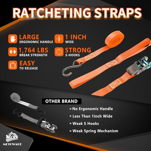 أشرطة السقاطة مربوطة لأسفل - قوة كسر 1764 رطل - 4 قطع من ربطات السقاطة مقاس 1 بوصة × 15 بوصة مع مقبض مبطن، وخطاف S مطلي، وحلقة ناعمة، وحقيبة تخزين لنقل البضائع، ومعدات العشب، والدراجة النارية (أسود) in Kuwait