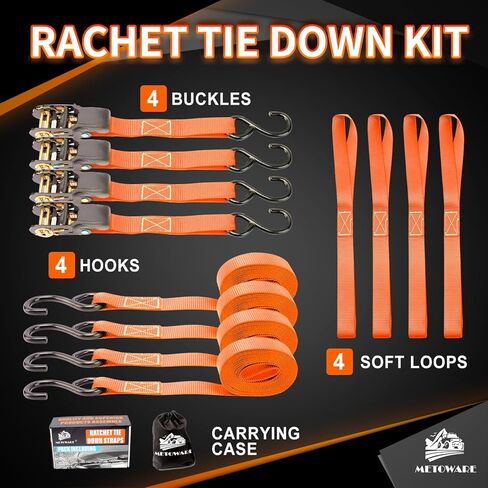 أشرطة السقاطة مربوطة لأسفل - قوة كسر 1764 رطل - 4 قطع من ربطات السقاطة مقاس 1 بوصة × 15 بوصة مع مقبض مبطن، وخطاف S مطلي، وحلقة ناعمة، وحقيبة تخزين لنقل البضائع، ومعدات العشب، والدراجة النارية (أسود) in Kuwait