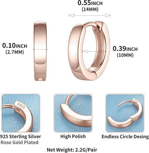 ChicSilver 925 Sterling Silver Cubic Zirconia Small Huggie Hoop Earrings for Women, Diameter 10MM, Silver/Gold/Rose Gold in Saudi Arabia