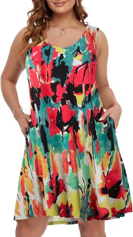 BELAROI Women Plus Size Sundress Summer Casual Sleeveless Tshirt Dress Paisley Print Scoop Neck Swing Tank Dresses with Pockets Beach Swimsuit Cover up(1X,Flower55) in Saudi Arabia