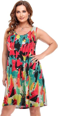 BELAROI Women Plus Size Sundress Summer Casual Sleeveless Tshirt Dress Paisley Print Scoop Neck Swing Tank Dresses with Pockets Beach Swimsuit Cover up(1X,Flower55) in Saudi Arabia