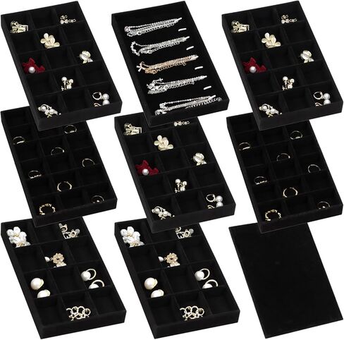 Set of 8 Stackable Jewelry Organizer Trays with 1 Lid for Drawer & Dresser Organizer, Adjustable Velvet Jewelry Box Tray Earring Organizer Necklace Storage Ring Bracelet Display Case (Beige) in Saudi Arabia