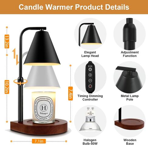 Holampco Candle Warmer Lamp, Adjustable Height Candle Lamp Warmer with Timer, Electric Dimmable Wax Melt Warmer for Jar Candles with 2 Bulbs, Gifts for Mom, Bedroom Home Decor Aesthetic (Black) in Kuwait