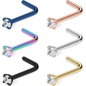 Ruifan 6PCS 22G Surgical Steel Mix Color Diamond CZ Nose Stud Rings L Shaped Piercing Jewelry 1.5mm 2mm 2.5mm 3mm
