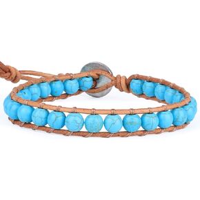 KELITCH New Turquoise Bracelets Skull Beaded Wrap Bracelet on Brown Leather Bracelets Handmade Jewelry