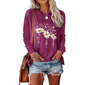 JNIFULI Womens Casual Long Sleeve Tunic Tops Funny Letter Sunflower Print Side Split Loose Fit Pullover T Shirts