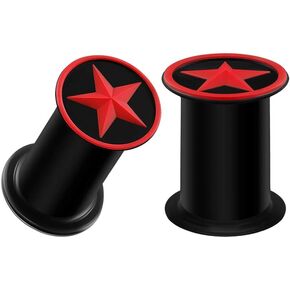 BIG GAUGES Pair of Embossed Black Silicone Red Star Plugs Piercing Jewelry Ear Stretcher Plugs Flesh Earring Lobe