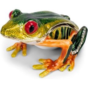 Cottage Garden Hand Painted Metal Enamel Hinged Trinket Box Ornamental Mini Jewelry Ring Earring Organizer Vintage Figurine Keepsake Box with Bejeweled Crystals, Green Mommy Frog & Baby Froglet