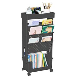 5 Tier Rolling Utility Cart Multi-Functional Movable Storage Book Shelves with Lockable Casters for Study Office Living Room Classroom, Black