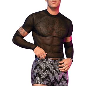 SHENHE Men's Cut Out Sheer Mesh Crewneck Long Sleeve Fitted Crop Tee Shirt Party Top
