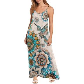 Veniyate Spaghetti Strap Long Dresses for Women Summer Loose Dress Casual A-line Sundress for Wedding Travel Party Club