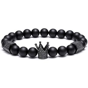 SEVENSTONE 8mm Crown King Charm Bracelet for Men Women Black Matte Onyx Stone Beads