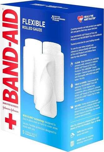 منتجات الإسعافات الأولية من العلامة التجارية Band Aid، إسفنجات شاش معقمة تمتصها تمامًا لتنظيف وتبطين الجروح البسيطة والجروح والحروق، تصميم منخفض الوبر، مغلفة بشكل فردي 4 × 4 بوصات in Kuwait