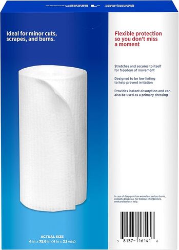 منتجات الإسعافات الأولية من العلامة التجارية Band Aid، إسفنجات شاش معقمة تمتصها تمامًا لتنظيف وتبطين الجروح البسيطة والجروح والحروق، تصميم منخفض الوبر، مغلفة بشكل فردي 4 × 4 بوصات in Kuwait