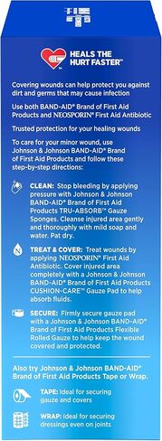 منتجات الإسعافات الأولية من العلامة التجارية Band Aid، إسفنجات شاش معقمة تمتصها تمامًا لتنظيف وتبطين الجروح البسيطة والجروح والحروق، تصميم منخفض الوبر، مغلفة بشكل فردي 4 × 4 بوصات in Kuwait