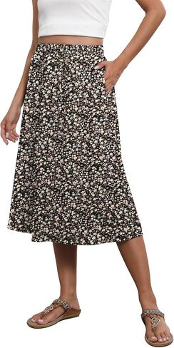 Flowy Skirt Midi Length Elastic High Waist A-Line Skirt with Pockets Bohemia for Women 2024 Trendy(S-2XL) in Saudi Arabia