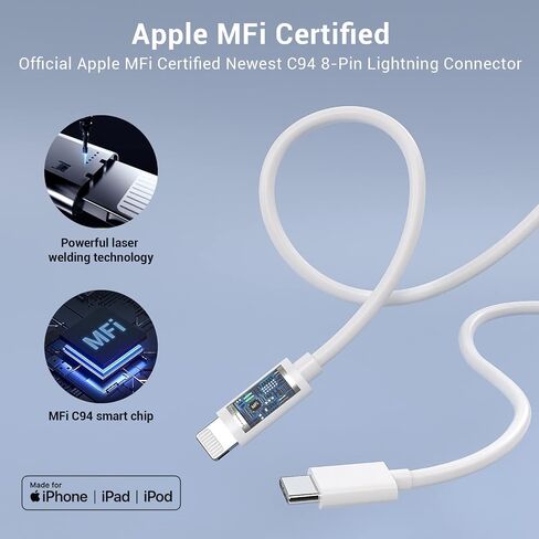 Quntis USB C to Lightning Cable 3 Pack 6FT MFi Certified iPhone Fast Charger Cord Type C to Lightning Cable Charging Wire for iPhone 14 13 12 11 Pro Max X XS XR 8 7 6 Plus iPad AirPods Pro, White in Kuwait