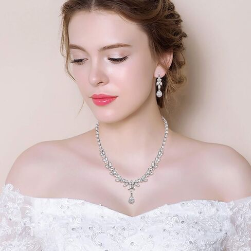 BriLove Wedding Teardrop CZ Pendant Necklace Leaf Dangle Earrings Jewelry Set for Women Bridal in Saudi Arabia