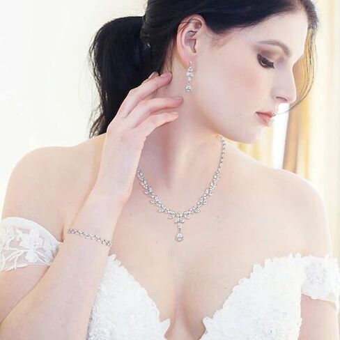 BriLove Wedding Teardrop CZ Pendant Necklace Leaf Dangle Earrings Jewelry Set for Women Bridal in Saudi Arabia