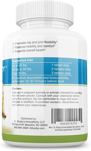 Dr. Buzby’s Encore Mobility Hip & Joint Supplement for Senior Dogs, 90 Chewable Tablets, Natural New Zealand Deer Velvet and Green Lipped Mussel, Pet Pain Relief in Saudi Arabia