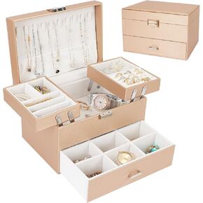 FUNARTY Jewelry Boxes Jewelry Holder for Women and Girls, Jewelry Organizer Box, 3 Layers PU Leather Jewelry Storage Organizer for Ring, Necklace, Bracelets, Earring, Black