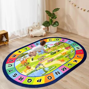 USTIDE Large Oval Kids Rug 4x6,ABC Alphabet Animals Educational Classroom Rug Non-Slip Play Mat Learning Area Rug for Bedroom Playroom Decor Rug