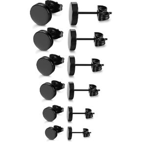 FIBO STEEL Stainless Steel Mens Womens Stud Earrings Black Round Cubic Zirconia Inlaid, 6 Pairs 3mm-8mm