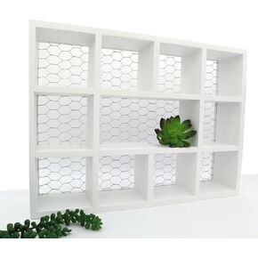 Crystal Holder Display Shelf - Rustic Wall Mounted Shelf for Farmhouse Décor with Chicken Wire for Spices, Rocks, Countertop Organizer, Shadow Box (Vintage Gray)