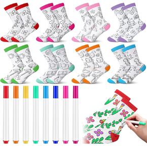 Kids Doodle Socks, Color Your Own Socks 8 Pairs and 8 Fabric Pen for Coloring, Kid Drawing DIY Crafts Art Gifts