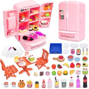Dollhouse Mini Toy Fridge Green Table Dining with Mini Food Play Refrigerator for Kids Kitchen Furniture Fruits Vegetable Drink Milk Desserts for Kids Pretend Play Game Fake Ice Cubes
