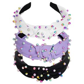 3 Pcs Pearl Knotted Headbands for Women Girls Colorful Jeweled Embellished Gem Faux Pearl Cross Knot Twisted Hairband Turban Headband Hair Accessories(Pink,Blue,Purple)