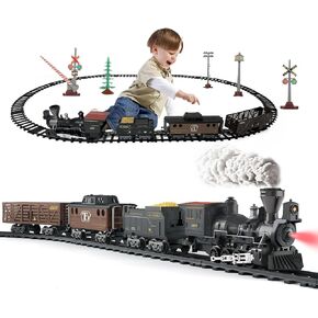 Electric Train Set Steam Train Toys for Boys with Remote Control Christmas Train for Under The Trees Locomotive with Smokes,Light & Sounds, for 3 4 5 6 7+ Years Old Kids