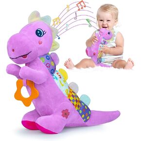 Baby Dino Musical Stuffed Animal Toys for 0-3-6-9-12 Months，Infant Dinosaur Tummy Time Toys with Crinkle Sound Paper，Teether，Textures & Rattles for Newborn Boys Girls Birthday Gifts，Pink