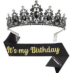 BAHABY Birthday Crown for Women It's My Birthday Sash & Rhinestone Tiara Set Princess Birthday Sash and Tiara for Women Birthday Decorations (Rose Gold)