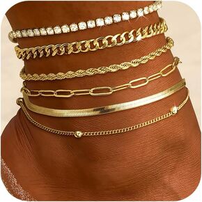 DEARMAY Waterproof Gold Ankle Bracelets for Women - Dainty 6Pcs 14K Gold Plated Anklets Layered Cuban Link Chain Herringbone Cute Anklets Set Pack Summer Beach Jewelry Gift for Women Teen Girls