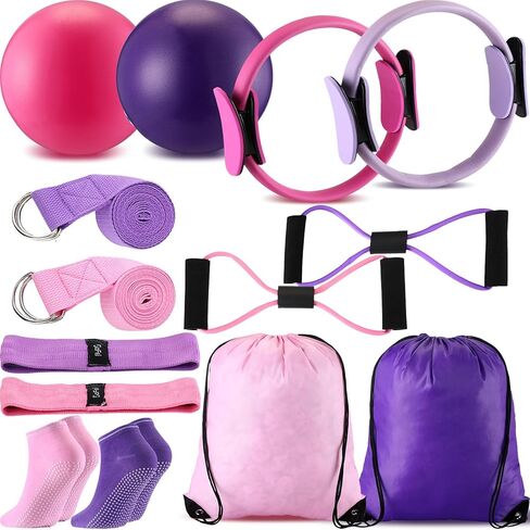 Poen 14 Pcs Pilates Ring and Ball Set for Women Pilates Ring Circle Ball with Stretching Strap 8 Resistance Bands Non Slip Socks Gym Back Bags Exercise Equipment for Workout in Kuwait