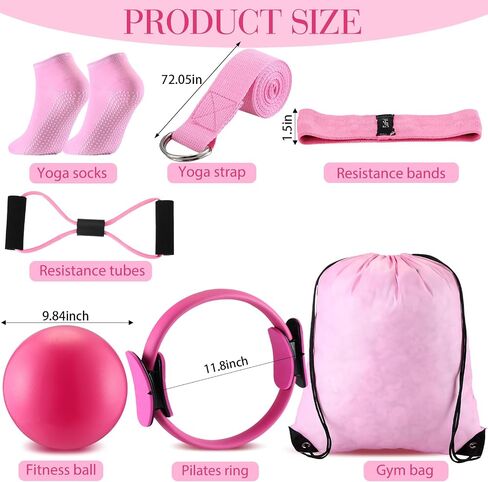 Poen 14 Pcs Pilates Ring and Ball Set for Women Pilates Ring Circle Ball with Stretching Strap 8 Resistance Bands Non Slip Socks Gym Back Bags Exercise Equipment for Workout in Kuwait