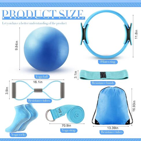 Poen 14 Pcs Pilates Ring and Ball Set for Women Pilates Ring Circle Ball with Stretching Strap 8 Resistance Bands Non Slip Socks Gym Back Bags Exercise Equipment for Workout in Kuwait