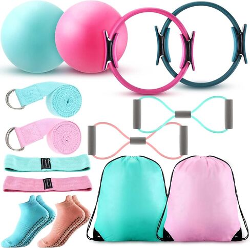 Poen 14 Pcs Pilates Ring and Ball Set for Women Pilates Ring Circle Ball with Stretching Strap 8 Resistance Bands Non Slip Socks Gym Back Bags Exercise Equipment for Workout in Kuwait