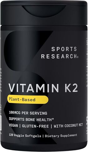Sports Research فيتامين K2 في صورة MK-7 100 ميكروجرام مع زيت جوز الهند MCT - 120 كبسولة هلامية نباتية (كمية تكفي لمدة 4 أشهر) نباتي معتمد، معتمد كمنتج غير معدل وراثيًا، خالي من الغلوتين والصويا - رائحة الحمضيات in Saudi Arabia