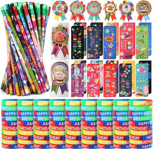 500 Pieces Happy Birthday Gifts Set:100 Pcs Happy Birthday Rubber Bracelets,100 Pcs Happy Birthday Pencils,100 Pcs Happy Birthday Bookmarks and 200 Pcs Happy Birthday Badge Stickers (Style--2) in Saudi Arabia