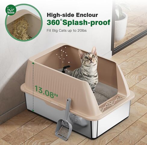 Stainless Steel Litter Box,XL Metal Litter Box with Lid,High Side Cat Litter Box for Big Cats and Kittens,Extra Large Litter Box with Scoop,Non-Sticky,Anti-Leakage and Easy Clean (Black) in Saudi Arabia