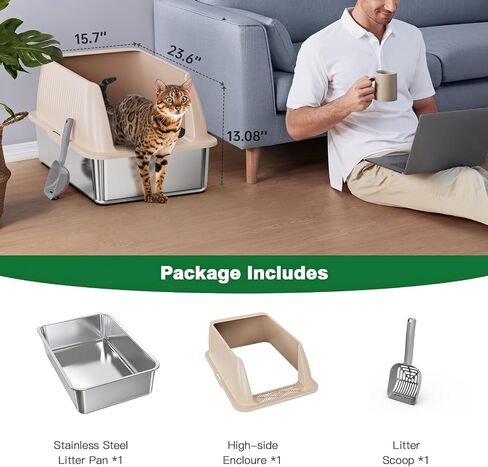 Stainless Steel Litter Box,XL Metal Litter Box with Lid,High Side Cat Litter Box for Big Cats and Kittens,Extra Large Litter Box with Scoop,Non-Sticky,Anti-Leakage and Easy Clean (Black) in Saudi Arabia