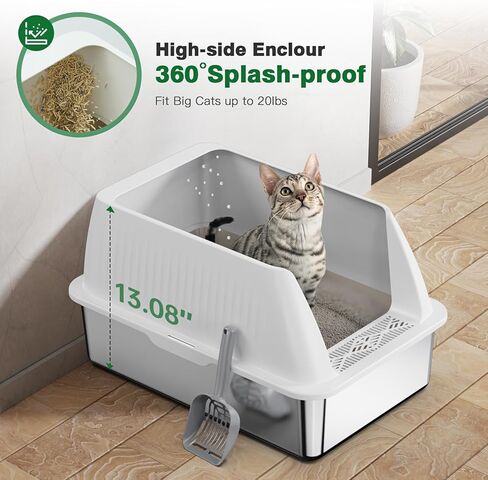 Stainless Steel Litter Box,XL Metal Litter Box with Lid,High Side Cat Litter Box for Big Cats and Kittens,Extra Large Litter Box with Scoop,Non-Sticky,Anti-Leakage and Easy Clean (Black) in Kuwait